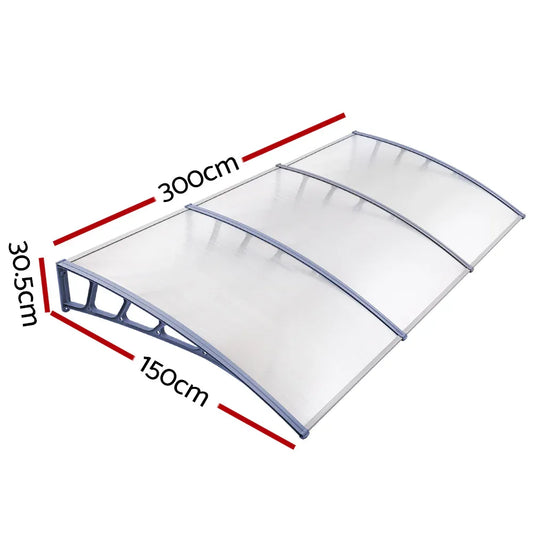 Instahut Window Door Awning Canopy 1.5mx3m Transparent Sheet Grey Plastic Frame - Mekamart Australia