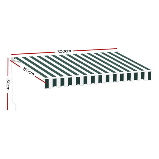 Instahut Retractable Folding Arm Awning Manual Sunshade 3Mx2.5M Green White - Mekamart Australia