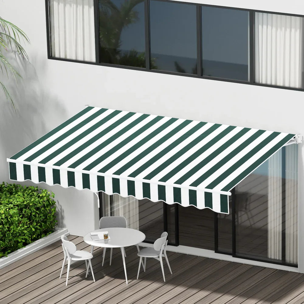 Instahut Retractable Folding Arm Awning Motorised Sunshade 3Mx2.5M Green White - Mekamart Australia
