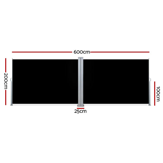 Instahut Side Awning Outdoor Blinds Sun Shade Retractable Screen 2X6M BK - Mekamart Australia