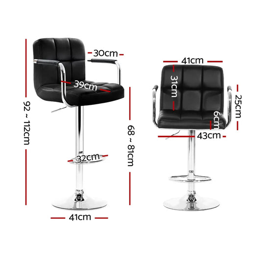 Artiss 2x Bar Stools Leather Gas Lift w/Armrest Black - Mekamart Australia