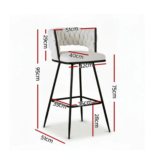Artiss 2x Bar Stools Kitchen Dining Chair Counter Stool Woven Velvet Metal Ivory - Mekamart Australia