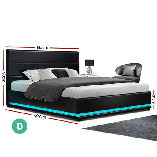 Artiss Bed Frame Double Size LED Gas Lift Black LUMI - Mekamart Australia