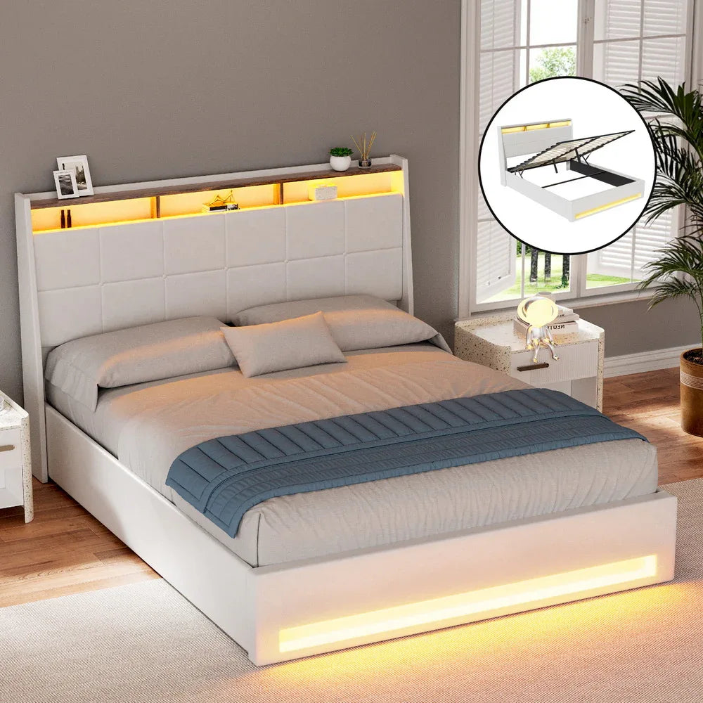 Artiss Bed Frame Gas Lift LED Beds Base Platform White PVC Leather Storage Headboard - Double - Mekamart Australia