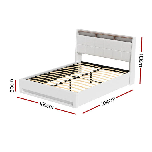 Artiss Bed Frame Gas Lift LED Beds Base Platform White PVC Leather Storage Headboard - Queen - Mekamart Australia