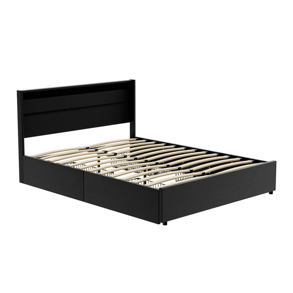 Artiss Bed Frame Queen Size LED with 4 Drawers Black DUNN - Mekamart Australia