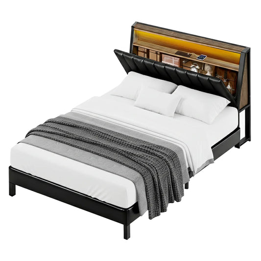 Artiss Queen Bed Frame LED Storage Headboard with Charging Station Black - Mekamart Australia