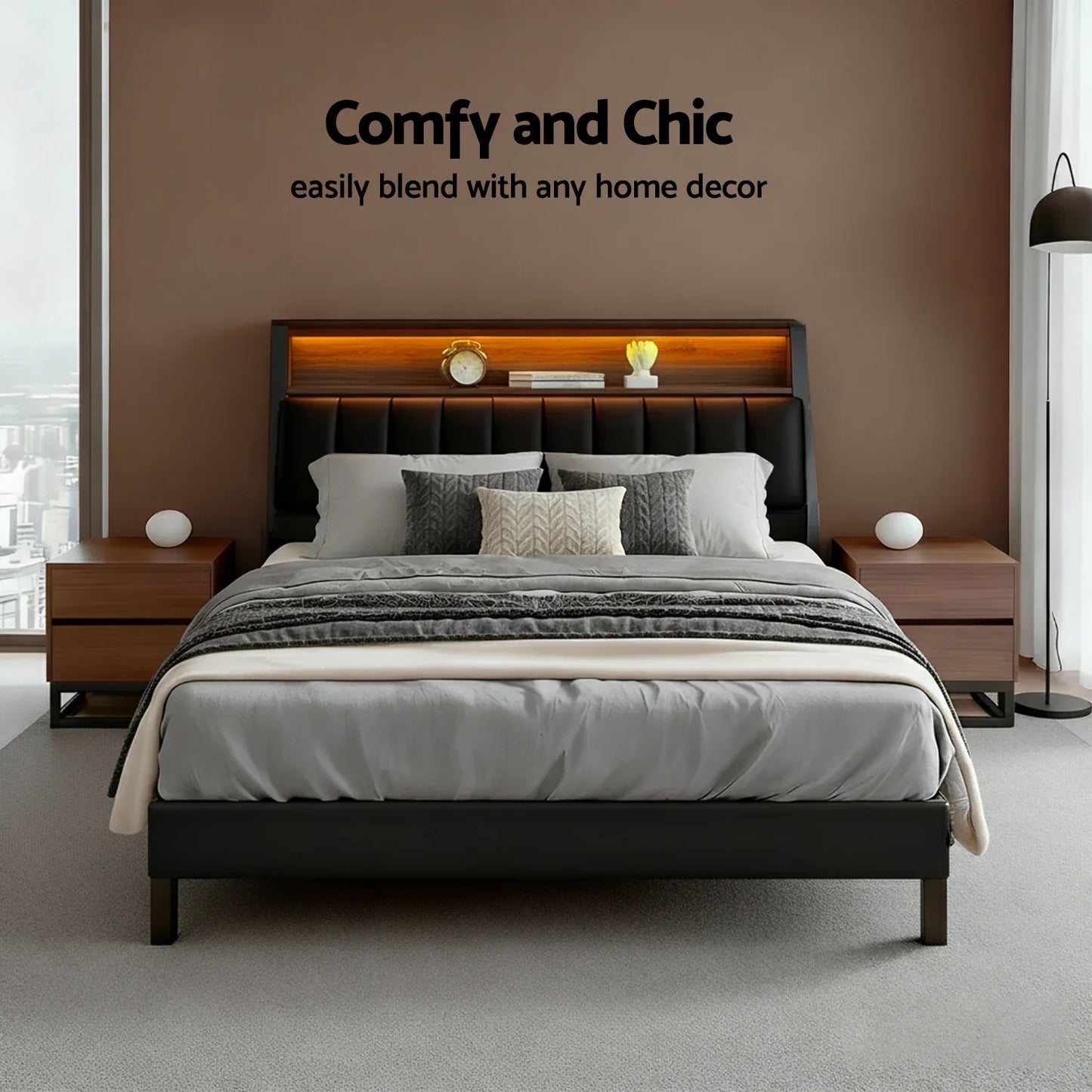 Artiss Queen Bed Frame LED Storage Headboard with Charging Station Black - Mekamart Australia