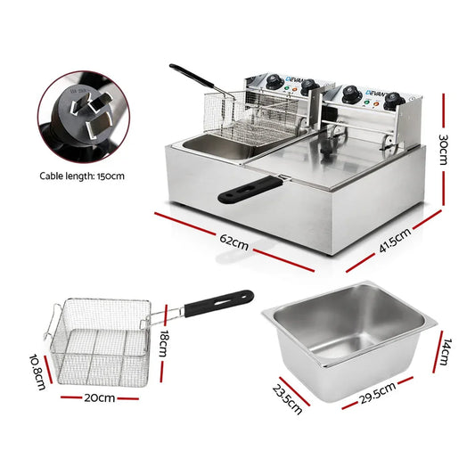 Devanti 20L Electric Commercial Deep Fryer Double Baskets 4400W - Mekamart Australia