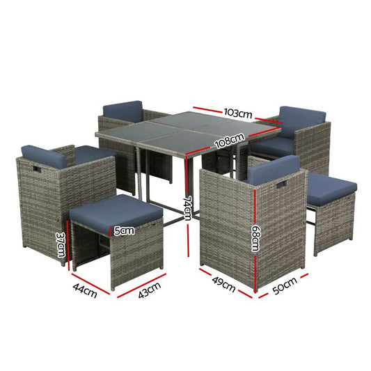 Gardeon Outdoor Dining Set 9 Piece Wicker Table Chairs Setting Grey - Mekamart Australia