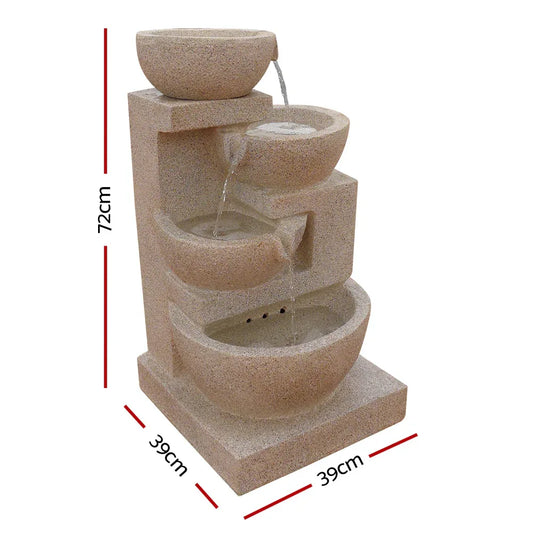 Gardeon Solar Water Feature Cascading Fountain 4-Tier Bowl LED Lights 72CM Sand - Mekamart Australia