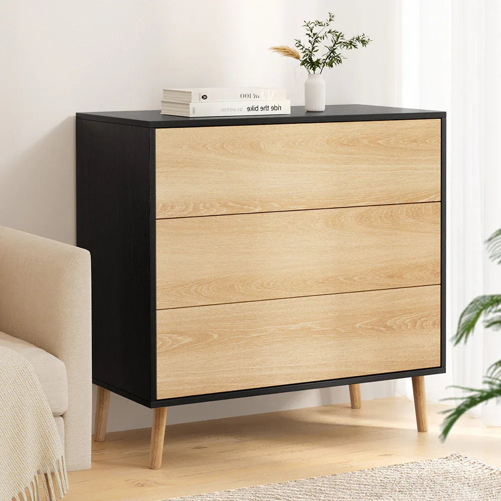 Artiss 3 Chest of Drawers Dresser Table Black&Pine - Mekamart Australia