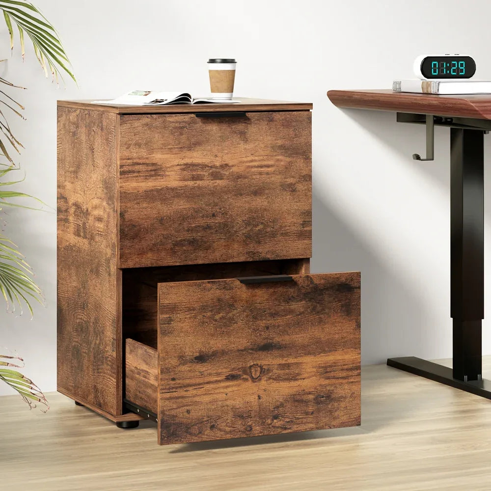 Artiss Filing Cabinet Files Storage Office Shelves File Organiser Rustic Brown 2 Drawer - Mekamart Australia
