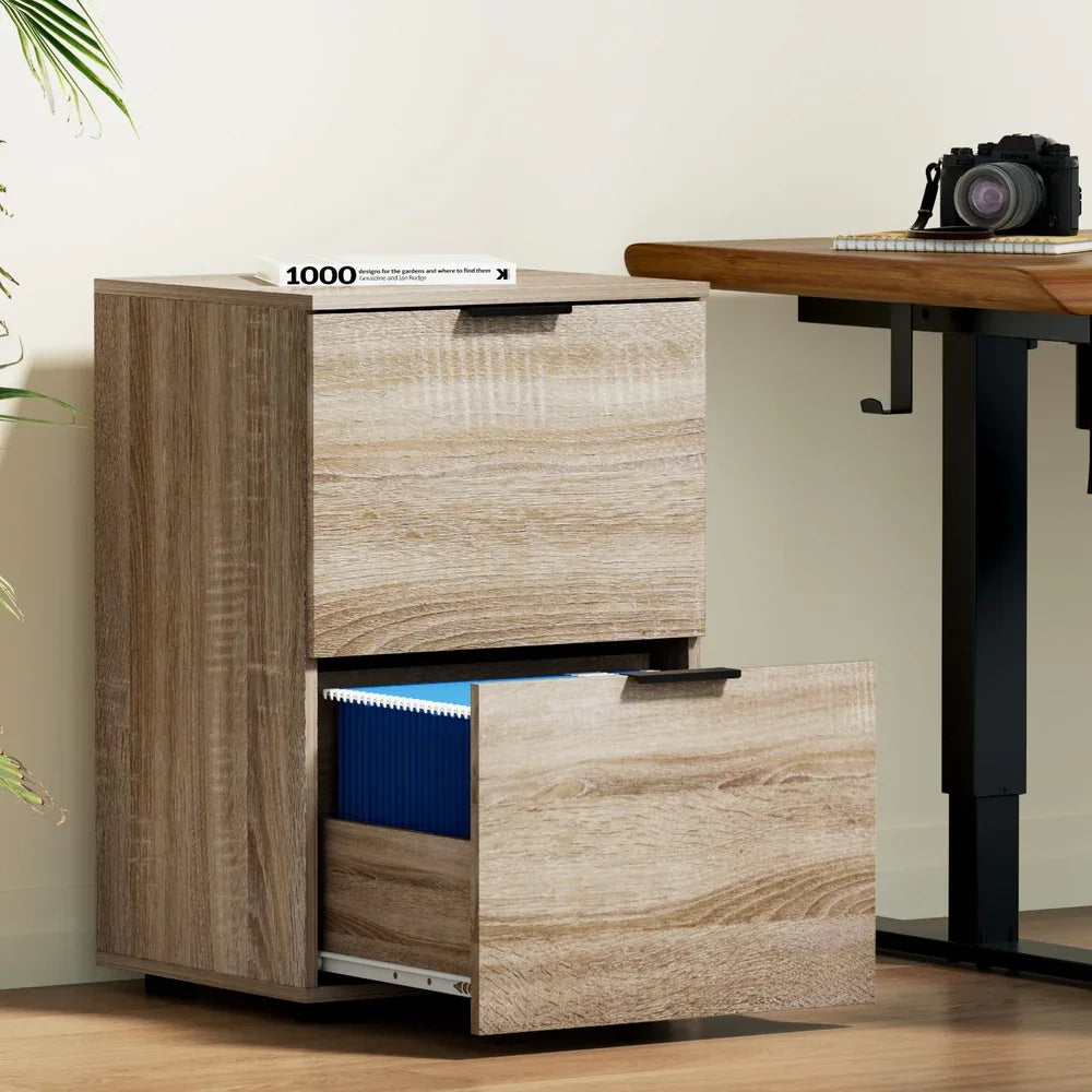 Artiss Filing Cabinet Files Storage Office Shelves File Organiser Oak 2 Drawer - Mekamart Australia