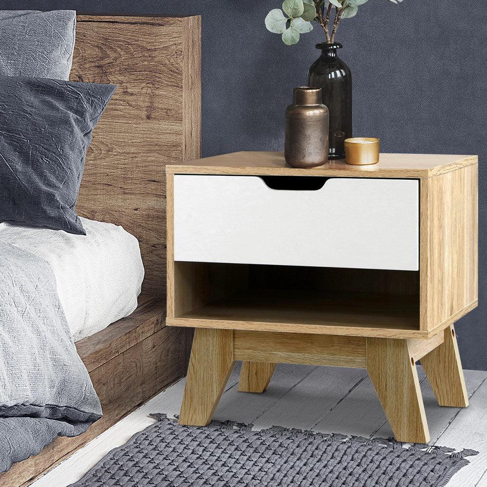 Artiss Bedside Table 1 Drawer with Shelf - IKER White & Oak - Mekamart Australia