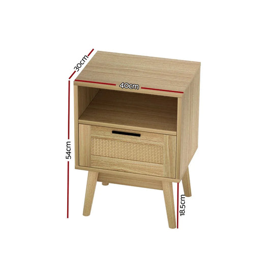 Artiss Rattan Bedside Table 1 Drawer with Shelf - REI Oak - Mekamart Australia
