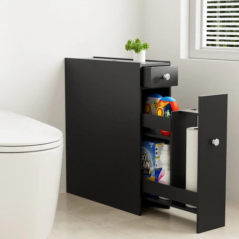 Artiss Bathroom Storage Cabinet Toilet Slim Tissue Box Caddy Holder Side Wooden Black - Mekamart Australia