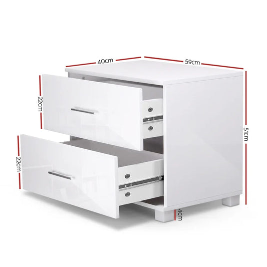 Artiss Bedside Table 2 Drawers High Gloss - White - Mekamart Australia