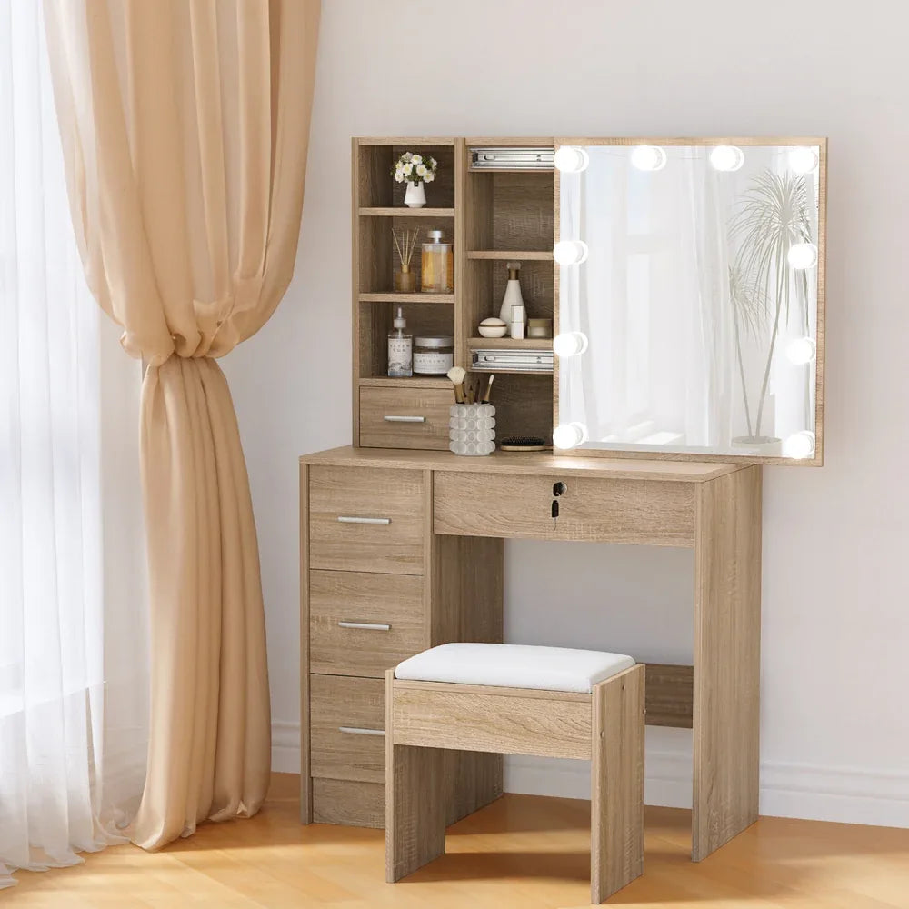 Artiss Dressing Table Set Stool 10 Led Bulbs Wood - Mekamart Australia