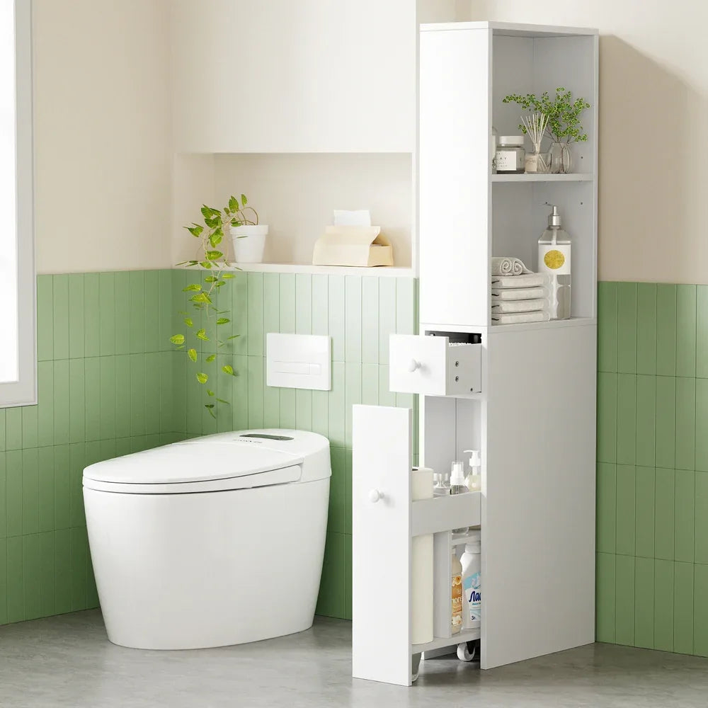 Artiss Bathroom Cabinet Storage Slim Organiser Drawer Toilet Corner 135cm White - Mekamart Australia