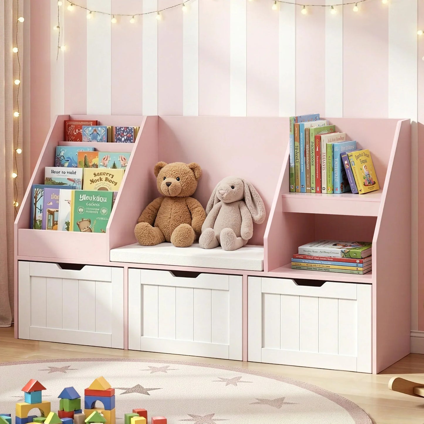 Keezi Kids Bookshelf Storage Organiser Toy Box Drawer Bench Seat Cabinet Pink - Mekamart Australia