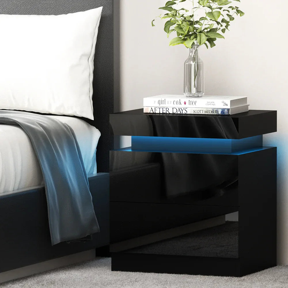 Artiss Bedside Table LED 2 Drawers Lift-up Storage - COLEY Black - Mekamart Australia