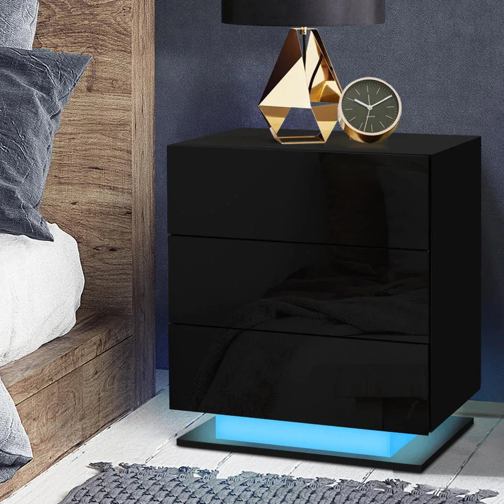 Artiss Bedside Table LED 3 Drawers - MORI Black - Mekamart Australia