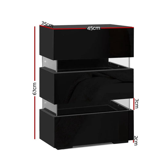 Artiss Bedside Table LED 3 Drawers - LUMI Black - Mekamart Australia