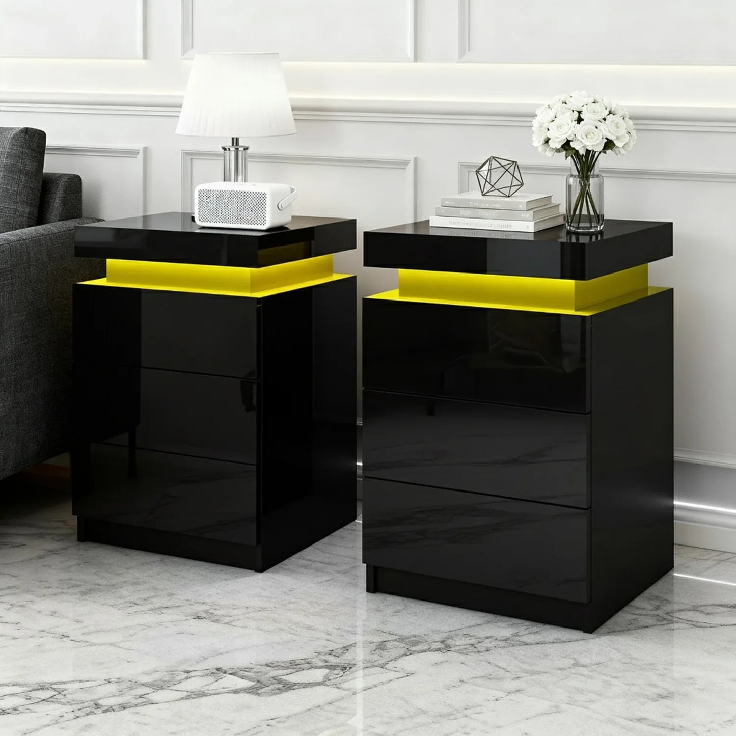 Artiss 2X Bedside Table LED 3 Drawers - COLEY Black - Mekamart Australia
