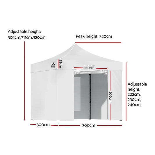 Instahut Gazebo Pop Up Marquee 3x3 Folding Tent Wedding Gazebos 500D White - Mekamart Australia