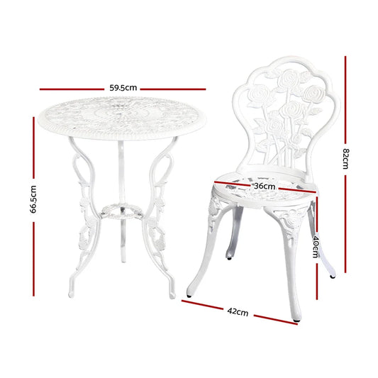 Gardeon 3PC Outdoor Setting Bistro Set Chairs Table Cast Aluminum Patio Furniture Rose White - Mekamart Australia