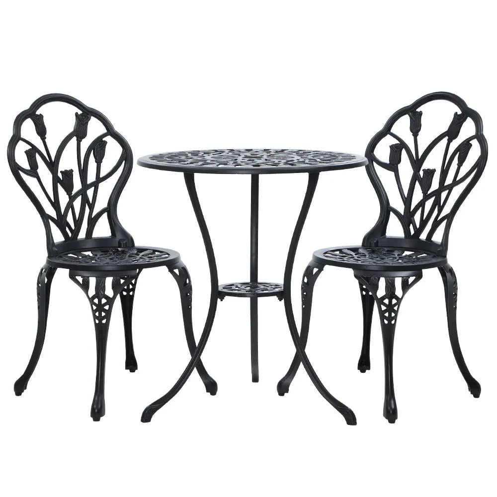 Gardeon 3PC Outdoor Setting Bistro Set Chairs Table Cast Aluminum Patio Furniture Tulip Black - Mekamart Australia
