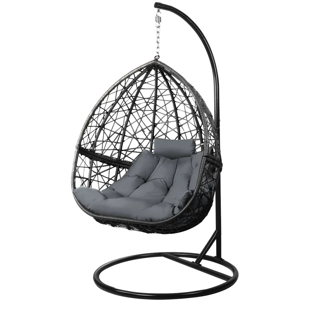 Gardeon Outdoor Egg Swing Chair Wicker Rattan Furniture Pod Stand Cushion Grey - Mekamart Australia