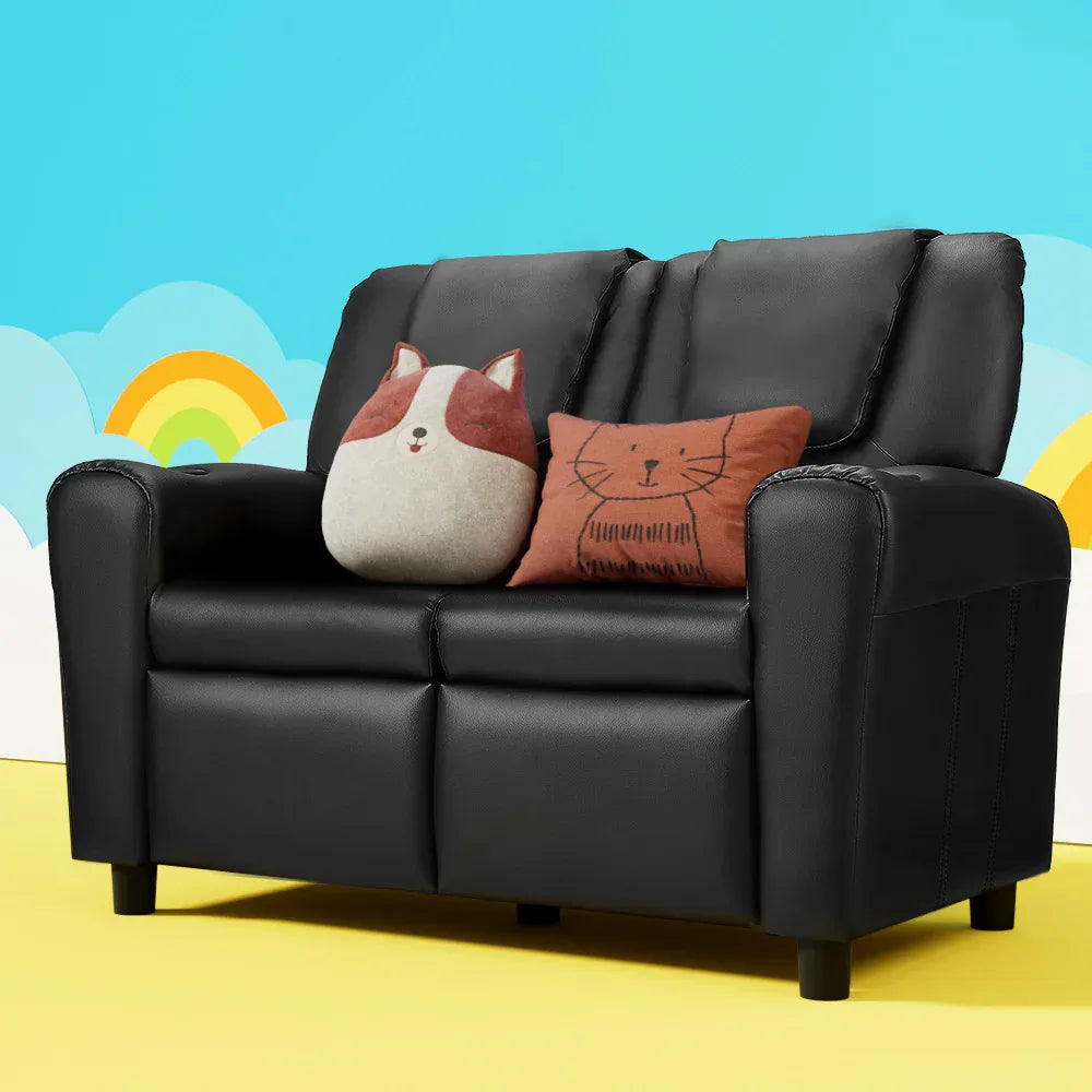 Keezi Kids Recliner Chair Double PU Leather Sofa Lounge Couch Armchair Black - Mekamart Australia