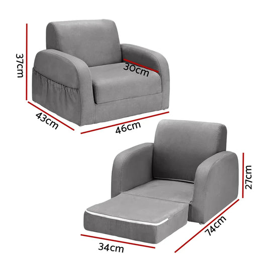 Keezi Kids Sofa 1 Seater Children Flip Open Couch Lounger Armchair Soft Grey - Mekamart Australia