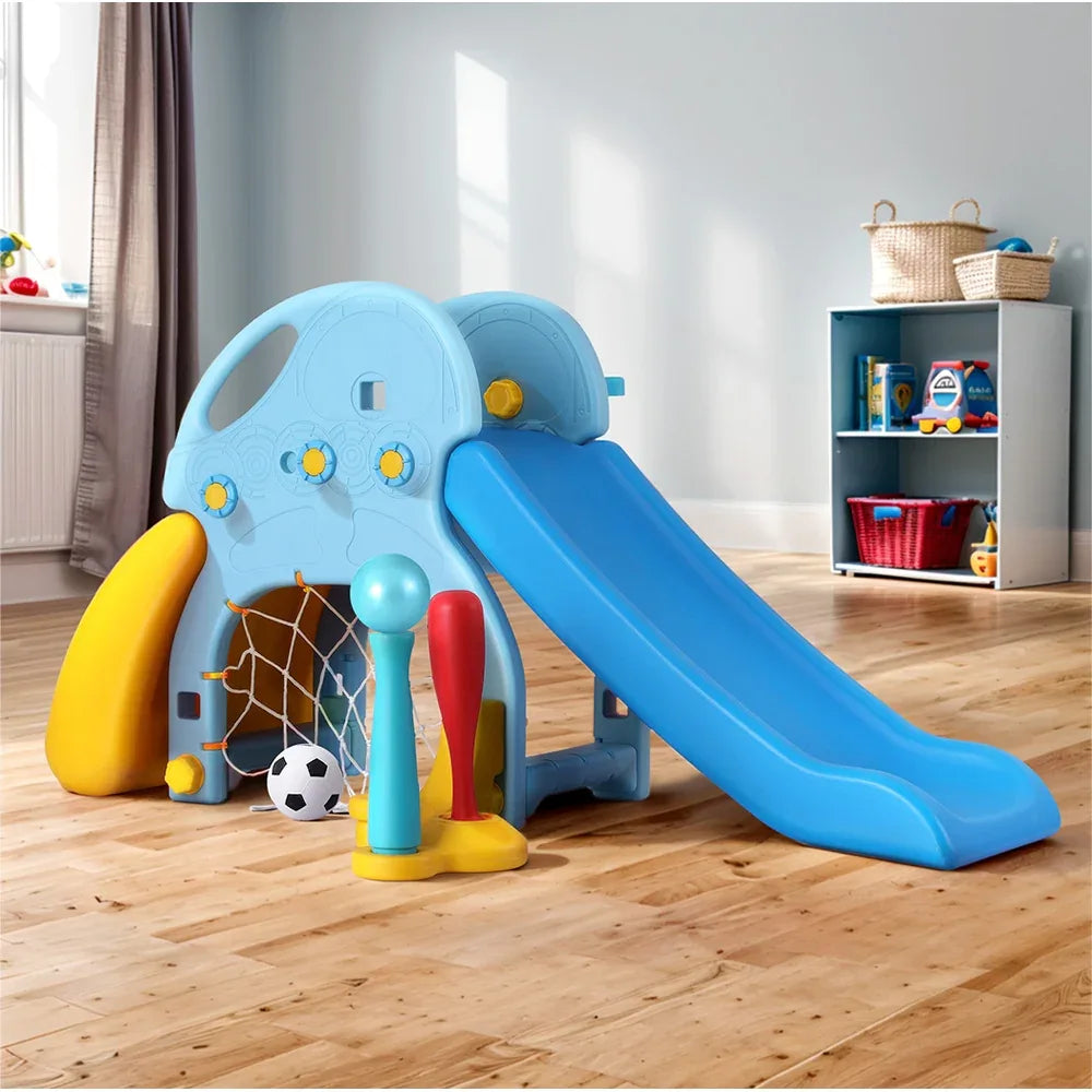Keezi Kids Slide Set Baseball Bat Basketball Hoop Outdoor Playground 120cm Blue - Mekamart Australia