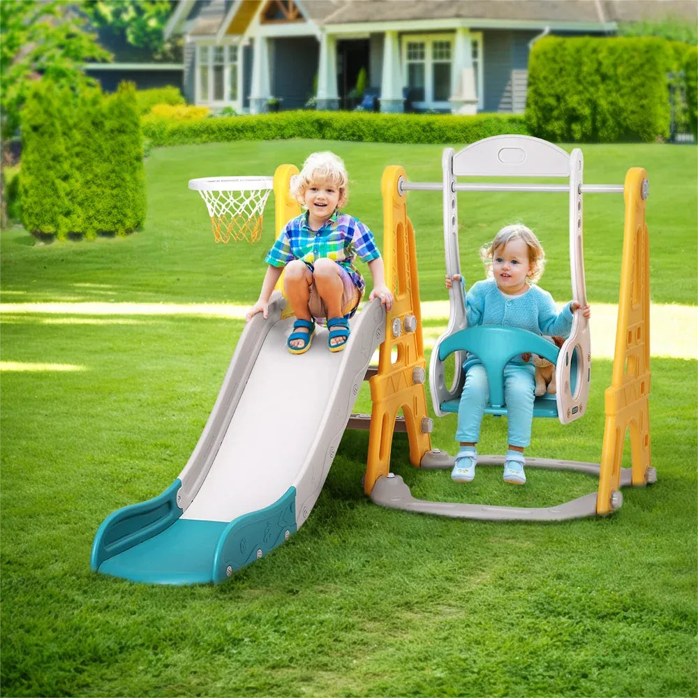 Keezi Kids Slide Swing Set Basketball Outdoor Toys Adjustable Height 140cm Green - Mekamart Australia