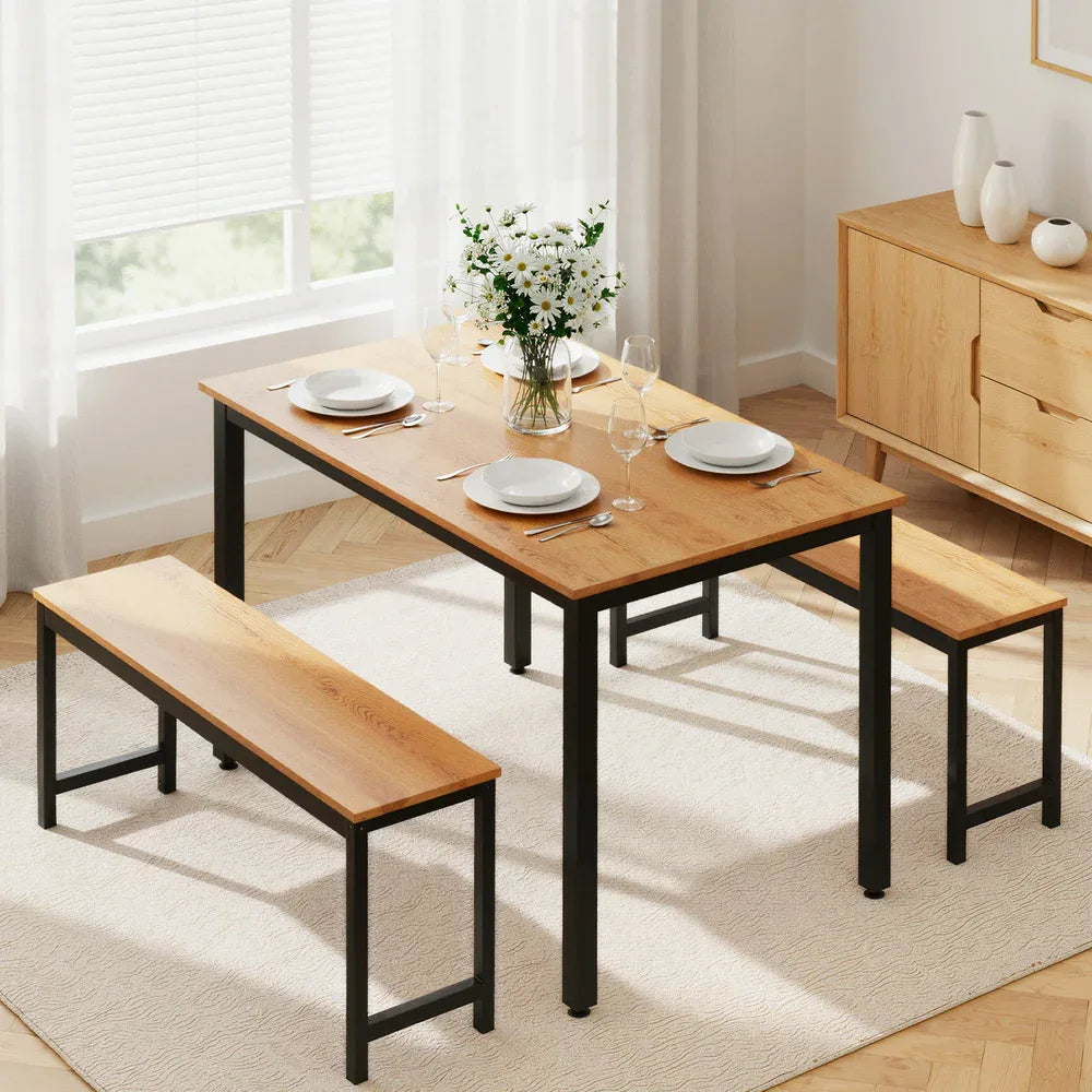 Artiss Dining Table and Chairs Set 3PCS Kitchen Metal Desk Bench Natural Oak - Mekamart Australia
