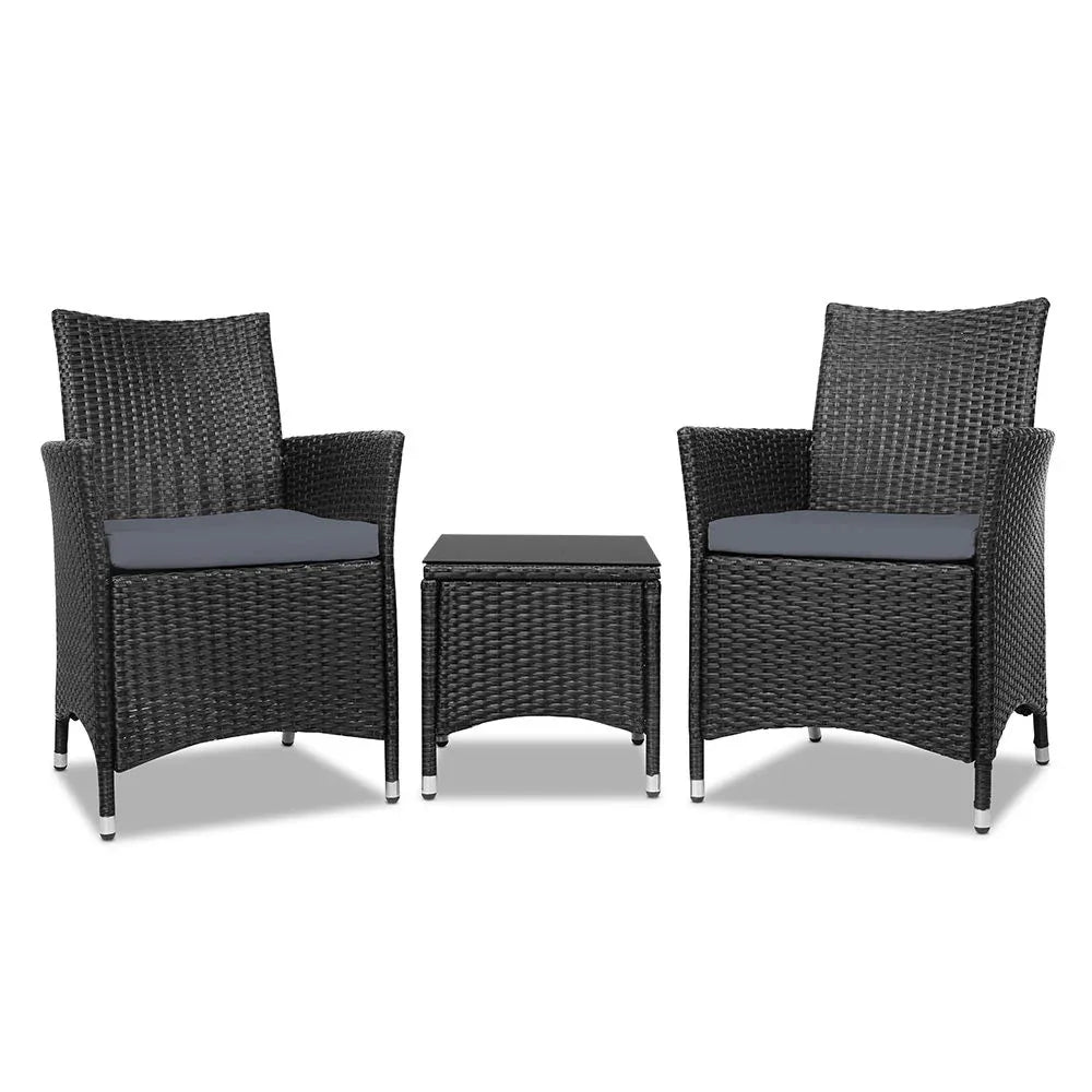 Gardeon 3PC Outdoor Bistro Set Patio Furniture Wicker Chairs Table Cushion All Black - Mekamart Australia