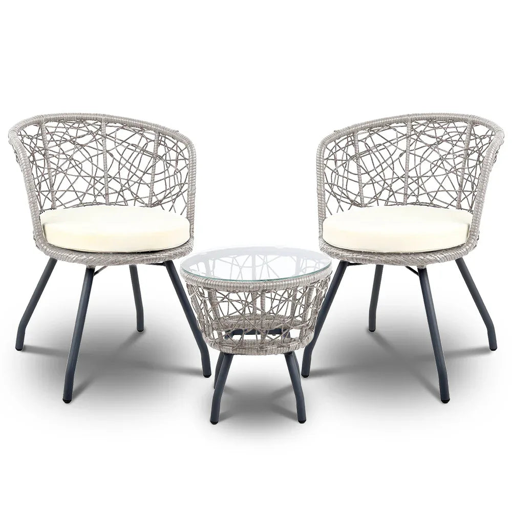 Gardeon 3PC Bistro Set Outdoor Furniture Rattan Table Chairs Patio Garden Cushion Grey - Mekamart Australia