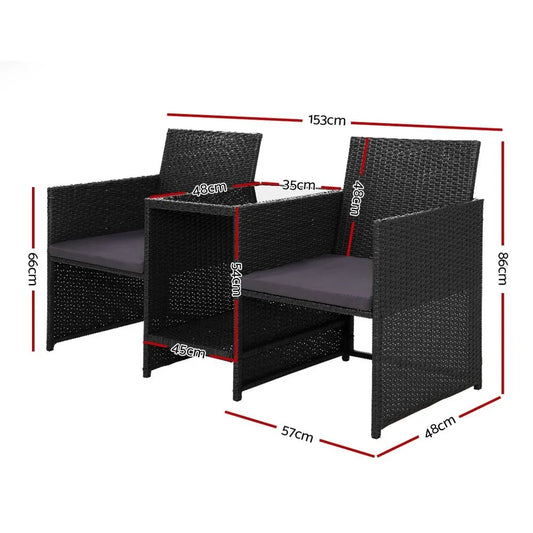 Gardeon Outdoor Setting Wicker Loveseat Birstro Set Patio Garden Furniture Black - Mekamart Australia