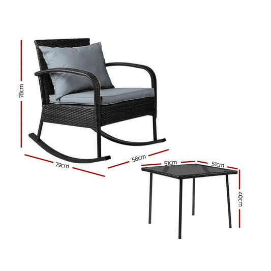 Gardeon 3PC Rocking Chair Table Wicker Outdoor Furniture Patio Bistro Set Black - Mekamart Australia