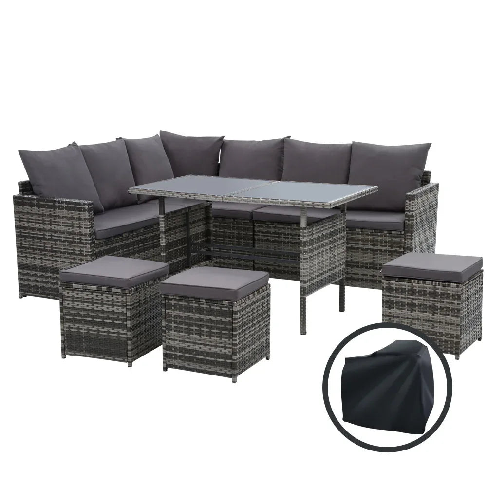Gardeon Outdoor Dining Set Sofa Lounge Setting Chairs Table Ottoman Grey Cover - Mekamart Australia