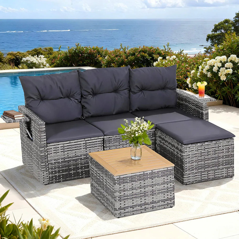Gardeon 5 Pieces Outdoor Sofa Set 4-Seater Grey Rattan Patio Furniture Table and Chair Setting - Mekamart Australia