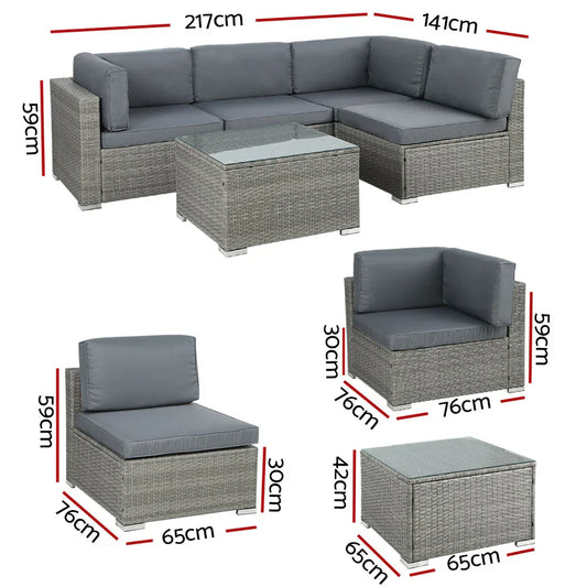 Gardeon 5-Piece Outdoor Sofa Set Wicker Couch Lounge Setting 4 Seater Grey - Mekamart Australia