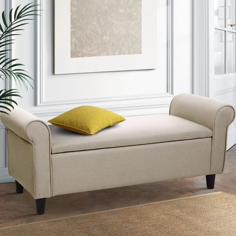 Artiss Storage Ottoman Blanket Box 125cm Arm Linen Taupe - Mekamart Australia