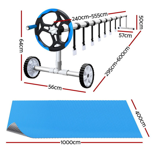 Aquabuddy Pool Cover 500 Micron 10x4m Silver Swimming Pool Solar Blanket 5.5m Blue Roller