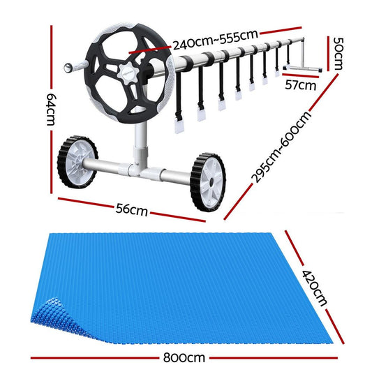 Aquabuddy Pool Cover 8x4.2m 400 Micron Blue Swimming Pool Solar Blanket 5.5m Roller