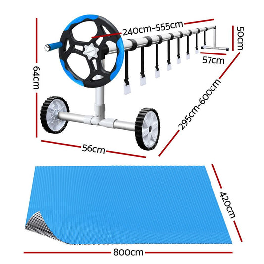 Aquabuddy Pool Cover 8x4.2m 400 Micron Silver Swimming Pool Solar Blanket 5.5m Blue Roller