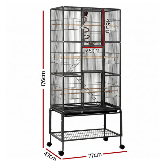 i.Pet 176cm 3-Tier Large Bird Cage Aviary with Ladder Parrot Budgie Wheels Black